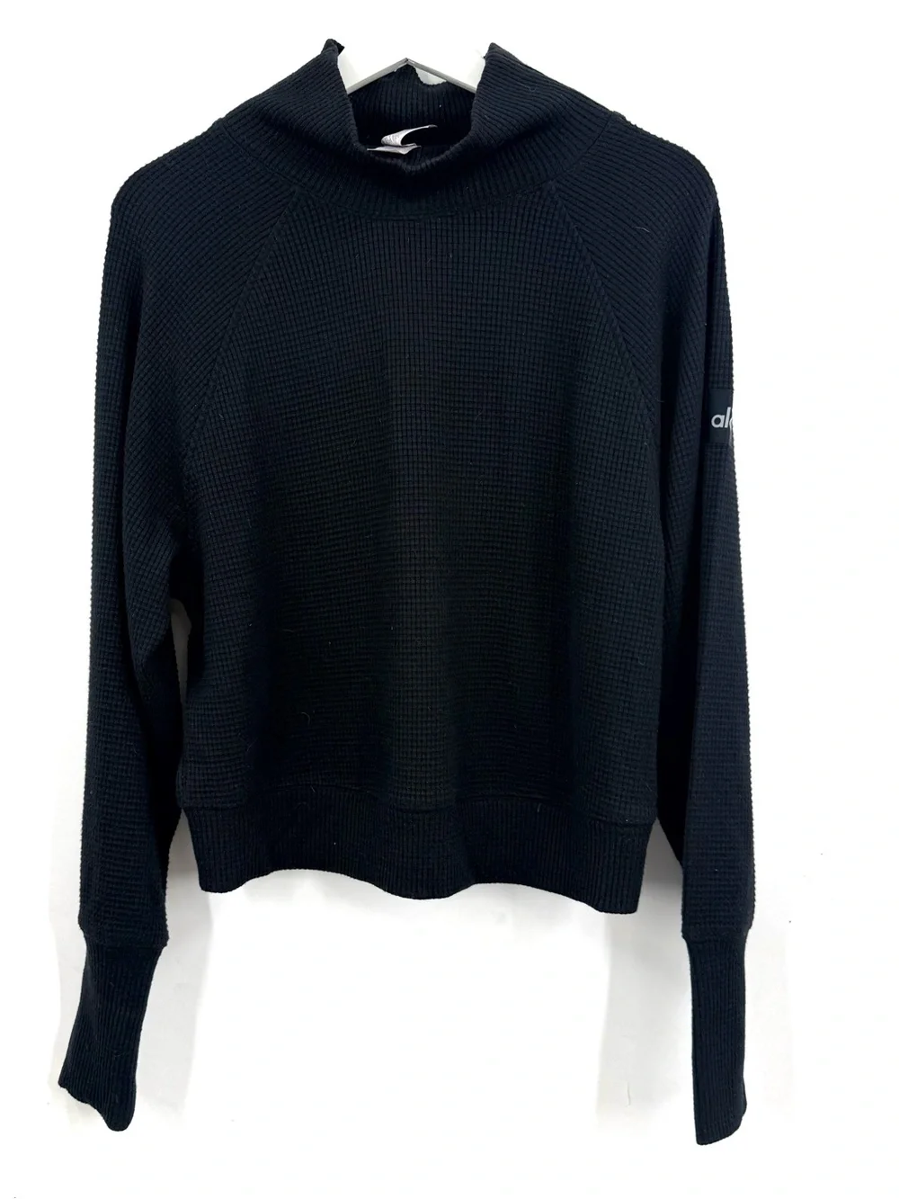 Alo Waffle Weekend Escape Mock Neck Long Sleeve Knit Top Size Small in Black